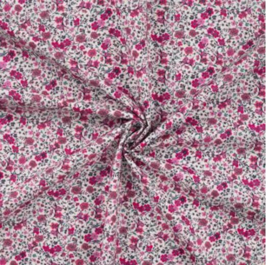 Baumwolldruck/ Voile, Blumen Pink auf Weiss