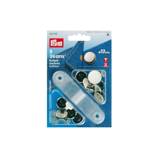 Jeanskn&ouml;pfe N&auml;hfrei, Silberfarbig Glatt, 17mm